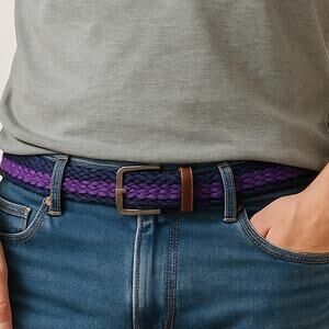 Ted Baker SZ S/M Braided Purple/Navy Textile & Brown Leather Belt